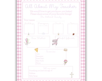 All About My Teacher Questionaire Printable, Back to School, Teacher Survey, Teacher's Favorites, Digital