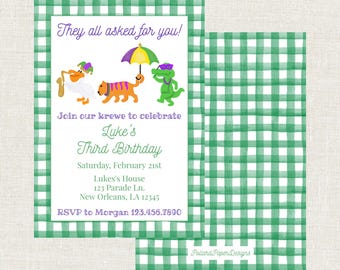 Invitación de cumpleaños con temática de desfile de Mardi Gras, todo hecho a medida, animales de fiesta, digital, imprimible