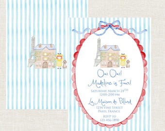 Invitación para fiesta de cumpleaños de Madeline, cumpleaños de Madeline en acuarela, cumpleaños de niña francesa, cumpleaños de Sí, sí, cumpleaños de Madeline para niña francesa