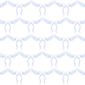 May include: A repeating pattern of light blue bows and floral garlands on a white background. The bows have long, flowing ribbons. The text "PollardPaperDesigns" is at the bottom.