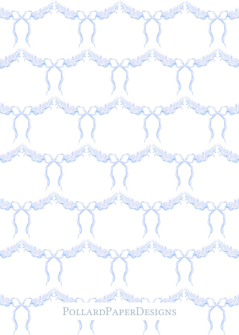 May include: A repeating pattern of light blue bows and floral garlands on a white background. The bows have long, flowing ribbons. The text "PollardPaperDesigns" is at the bottom.