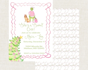 May include: A watercolor invitation with a pink scalloped border. The invitation features a Grinch-like character, a dog, and a Christmas tree. Text includes "She's a Sweet One!" and event details for Macie-Lou's celebration.
