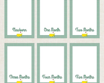 Pode incluir: Um conjunto de seis cartões de marcos para bebês com uma borda xadrez verde e branca. Cada cartão tem um interior branco com texto indicando a idade do bebê em meses e um logotipo amarelo do campo de golfe.