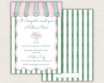 Beignet Sweet Year Watercolor Birthday Invitation, Cafe 2 Monde Girl, First Birthday, Digital, Beignet, Printable