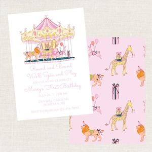 May include: A pink and white birthday invitation featuring a carousel illustration. The invitation text reads "Round and Round We'll Spin and Play" and "Marcy's First Birthday". A pink patterned card with giraffes and lions is also shown.