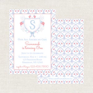 All American Girl Birthday Invitation, Patriotic Party, Watercolor, 4th of July Birthday, Preppy, (Digital Download) image 1