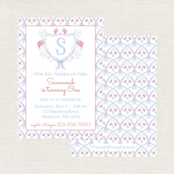 All American Girl Birthday Invitation, Patriotic Party, Watercolor, 4th of July Birthday, Preppy, (Digital Download)