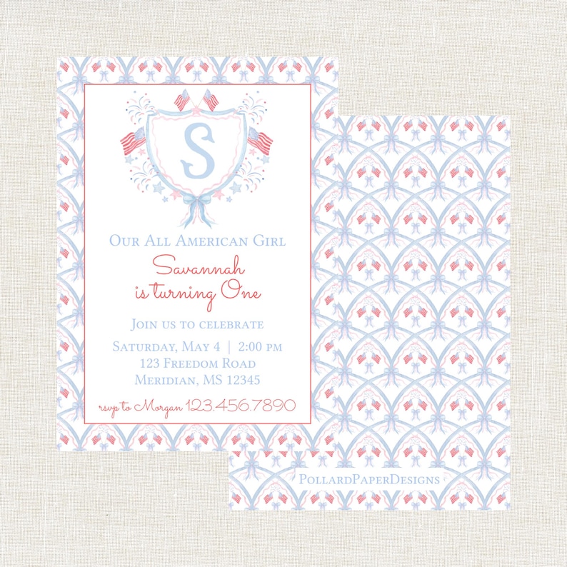 All American Girl Birthday Invitation, Patriotic Party, Watercolor, 4th of July Birthday, Preppy, (Digital Download) image 1