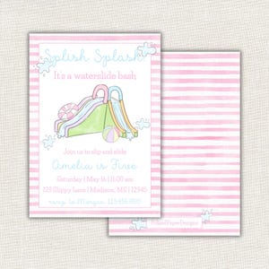 May include: A watercolor-style invitation for a waterslide party. The design features a colorful waterslide, a beach ball, and a life preserver. The text reads "Splish Splash! It's a waterslide bash." Additional text includes party details and the name "Amelia is Five."