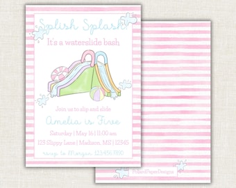Girls Pool Party Birthday Invitation, Splash Splash Birthday Bash, Swim Party, Summer Birthday, Waterslide, Watercolor, Pink, Digital