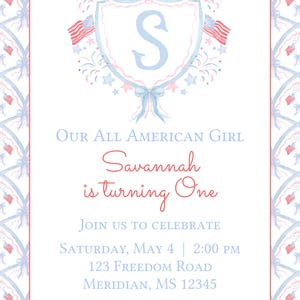 All American Girl Birthday Invitation, Patriotic Party, Watercolor, 4th of July Birthday, Preppy, (Digital Download) image 2