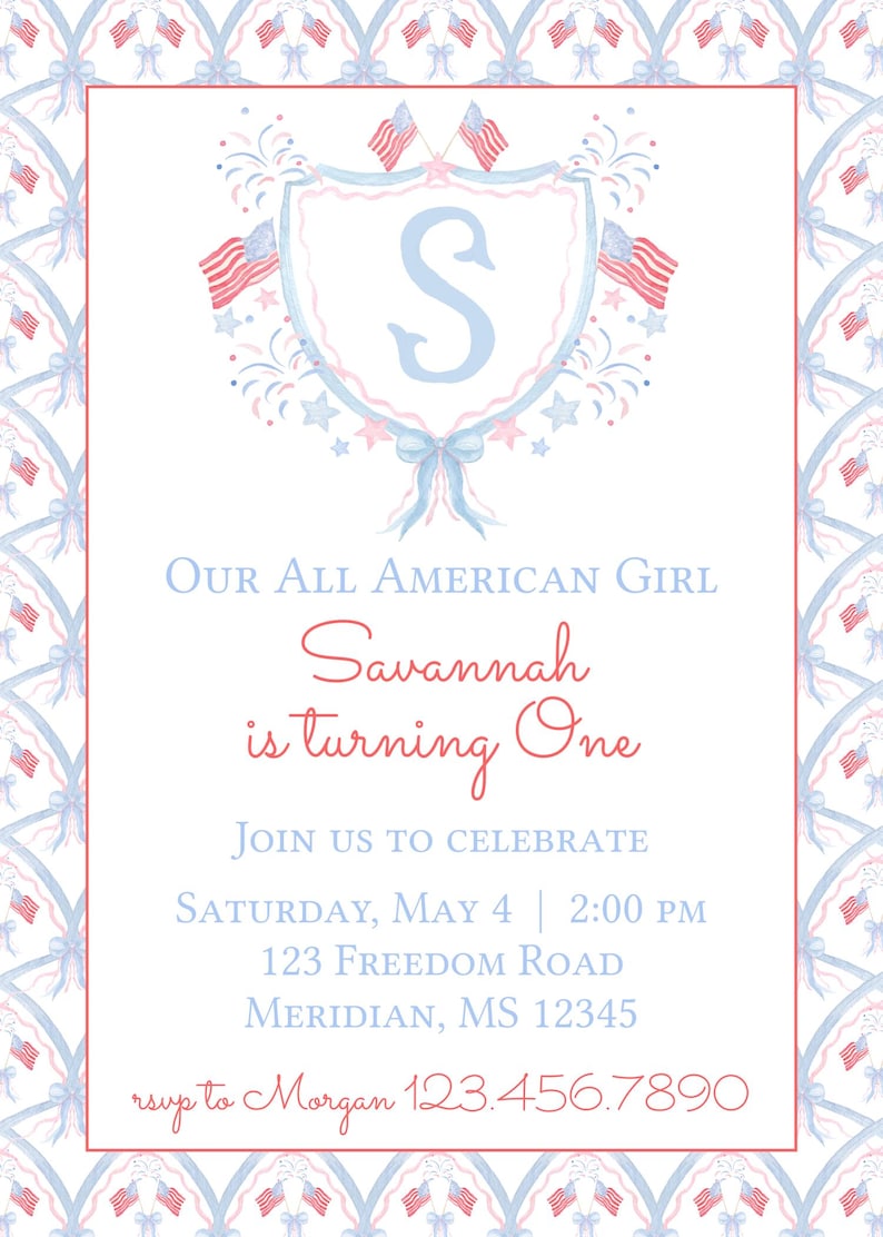 All American Girl Birthday Invitation, Patriotic Party, Watercolor, 4th of July Birthday, Preppy, (Digital Download) image 2