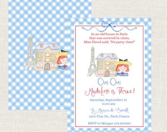 Invitación para fiesta de cumpleaños de Madeline, cumpleaños de Madeline en acuarela, cumpleaños de niña francesa, cumpleaños de Sí, sí, cumpleaños de Madeline para niña francesa