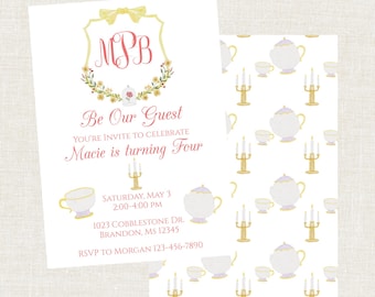 Watercolor Princess Birthday Invitation, Be Our Guest Invitation, Princess Birthday, Beauty, Beast