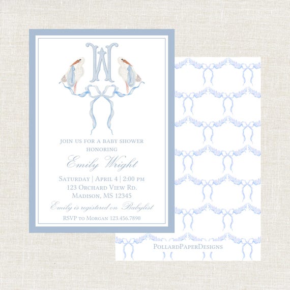 Classic Baby Boy Shower Invitation, Stork, Monogram, Watercolor, Grandmillenial, Preppy, Digital