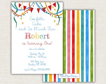 Invitación de cumpleaños con confeti y acuarela, "Uno es divertido", "Una pequeña vela", cumpleaños de niño, serpentinas, digital, imprimible