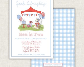 First Year Down Football Birthday Invitation, Tailgate and Celebrate, Ole Miss, Red and Blue, Watercolor, Preppy, Rebels