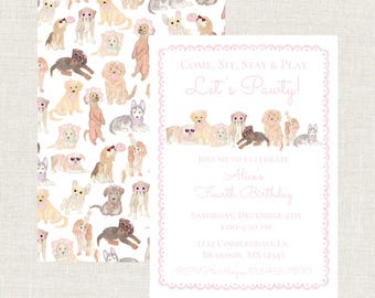 Girls Let’s Pawty  Birthday Invitation, Party Dogs, Puppy Dog Party, Come Sit Stay Play, Watercolor, Preppy, Digital, Printable