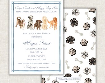 Watercolor Snips Snails Puppy Dog Tails Baby Shower Invitation, Dog, Puppy, Baby Boy Shower, Digital, Editable