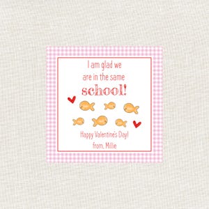 May include: Square Valentine's Day card with a pink gingham border and a white interior. The card features the text "I am glad we are in the same school!" and "Happy Valentine's Day!" with goldfish illustrations and red hearts.