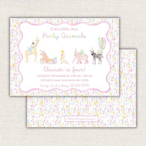 May include: A rectangular party invitation card featuring a watercolor illustration of a giraffe, pig, bird, elephant, and zebra wearing party hats. The text reads: CALLING ALL Party Animals, Eleanor is four, SATURDAY, SEPTEMBER 12, 11:00 AM - 1:00 PM, 123 PARTY LANE, MADISON, MS, 12345, rsvp to Lindsey 123.456.78790.