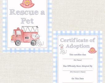 Tarjeta de cumpleaños con diseño de camión de bomberos en acuarela: Rescate de mascotas, Fiesta de bomberos, Certificado de adopción de mascotas, Digital, Imprimible