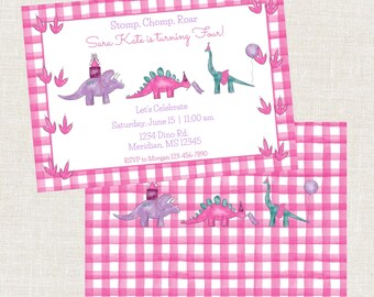 May include: A pink and white gingham patterned invitation with the text "Stomp, Chomp, Roar Sara Kate is turning Four!" and dinosaur illustrations. The invitation includes event details and RSVP information.