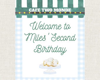 Letrero de bienvenida de cumpleaños de acuarela de Cafe Two Monde, cumpleaños de niño de Cafe 2 Monde, digital, beignet, imprimible