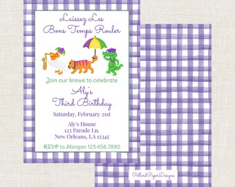 Mardi Gras Parade Theme Birthday Invitation, Good Times Roll, Party Animals, Digital, Printable