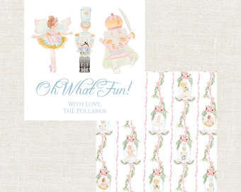 Peut inclure: Illustration à l'aquarelle représentant une ballerine, un soldat de plomb et un casse-noisette. Le texte "Oh What Fun!" est écrit en cursive, avec "With Love, The Pollards" en dessous. Un motif avec des boules à neige et des accents floraux est également présent.