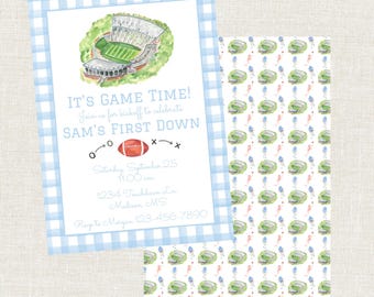 First Year Down Football Birthday, Football Birthday Invitation, Watercolor Football Birthday, Preppy Football Invitation, First Down Party
