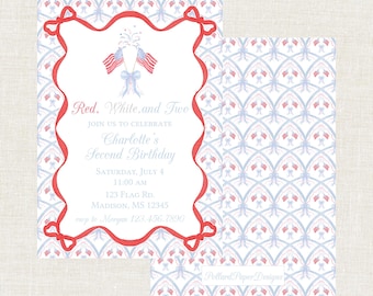 Invitación de cumpleaños para niña americana, rojo, blanco y dos, segundo cumpleaños patriótico, cinta, lazos, acuarela (descarga digital)