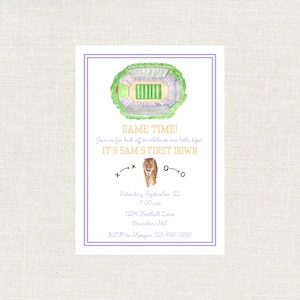 May include: A watercolor invitation with a purple border features a football stadium illustration at the top. Text includes "GAME TIME!" and "IT'S SAM'S FIRST DOWN" with event details and RSVP information. A tiger illustration is also included.