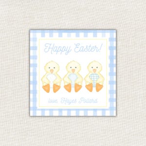May include: A square card with a light blue gingham border and a white center. The center features three yellow chicks with orange feet and the text "Happy Easter!" in light blue script. Below the chicks is the text "love, Hayes Pollard".