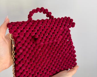 Red Velvet Beaded Handmade Bag, Evening Purse