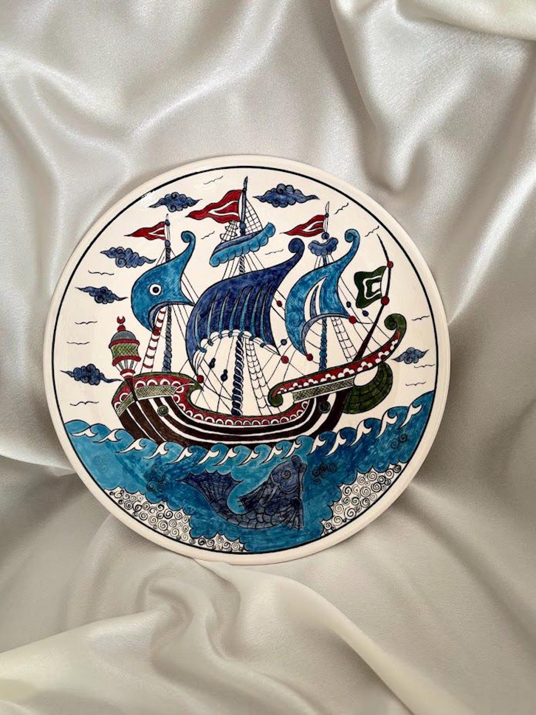 Handmade 16th-17th Century Galleon Motif Iznik Tile Plate 30cm- Ottoman ...