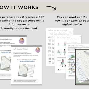 May include: A digital landscape and people sketching workbook shown as multiple PDF pages and a tablet screen. Text includes HOW IT WORKS, Right Handed Version, Left Handed Version, and LANDSCAPE & PEOPLE SKETCHING WORKBOOK with various drawing tutorials.