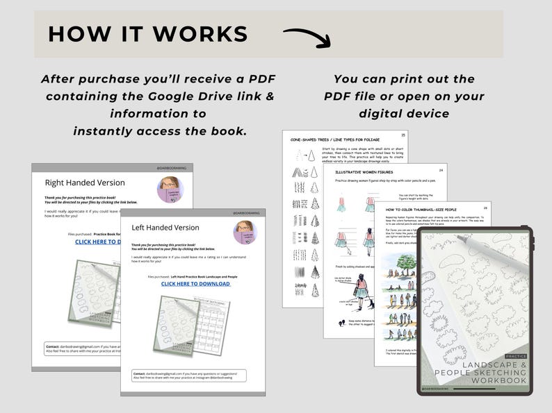 May include: A digital landscape and people sketching workbook shown as multiple PDF pages and a tablet screen. Text includes HOW IT WORKS, Right Handed Version, Left Handed Version, and LANDSCAPE & PEOPLE SKETCHING WORKBOOK with various drawing tutorials.