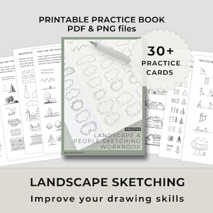風景画と人物画の練習帳｜印刷可能な描画ワークブック、初級者から中級者向け、PDFの即時ダウンロード