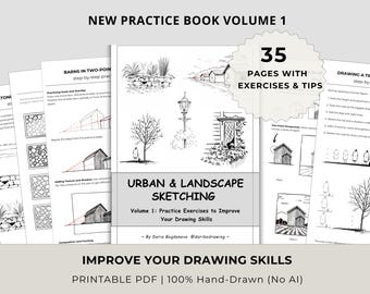 Quaderno di esercizi di disegno urbano e paesaggistico, PDF stampabile, livello principiante-intermedio, esercizi di disegno