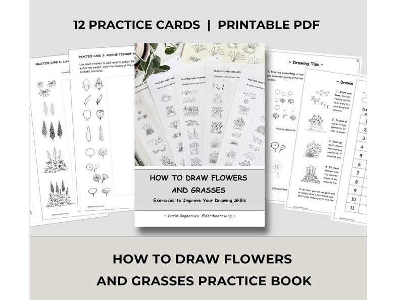 Op de afbeelding: Een verzameling van 12 printbare oefenkaarten en een PDF-gids getiteld How to Draw Flowers and Grasses door Daria Bogdanova. De pagina's bevatten zwart-wit lijntekeningen, instructietekst en oefeningen voor het schetsen van diverse botanische elementen.