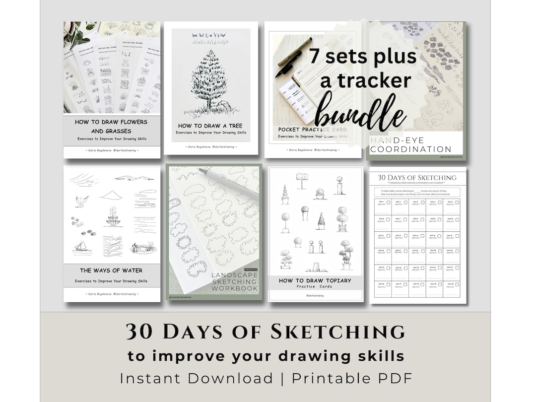 30-day Sketching Practice Bundle, Printable Practice Books and Cards, Beginner Drawing Exercises ...