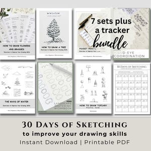 30-Day Sketching Practice Bundle, Printable Practice Books and Cards, Beginner Drawing Exercises