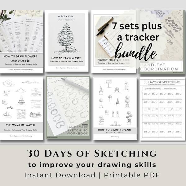30-Day Sketching Practice Bundle, Printable Practice Books and Cards, Beginner Drawing Exercises