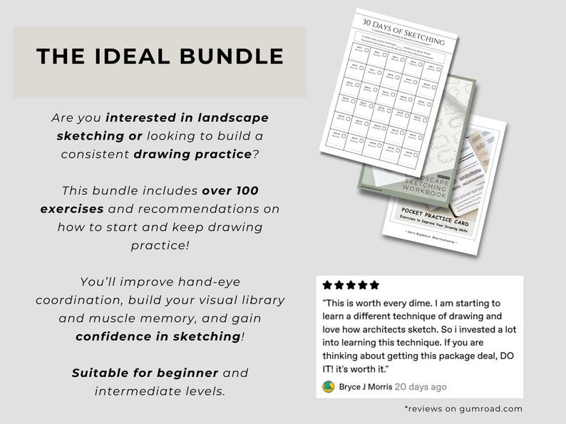 May include: A digital drawing bundle featuring a 30 Days of Sketching tracker, a Landscape Sketching Workbook, and a Pocket Practice Card. The text includes The Ideal Bundle, over 100 exercises, and a five-star review from Bryce J Morris.