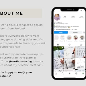May include: A smartphone displaying an Instagram profile for Daria Bogdanova, a landscape design student. The screen shows a profile picture, follower count, bio text, and a grid of drawing tutorials. To the left, text reads ABOUT ME.