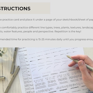 May include: A white practice card with black ink drawings of various line types, textures, and shapes, including labels like dash, slip, fray, meander, wave, arc, stipple, echo, box, polygon, scallop, and bubble, with a black fine-liner pen held over it.