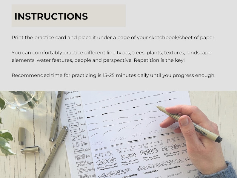 May include: A white practice card with black ink drawings of various line types, textures, and shapes, including labels like dash, slip, fray, meander, wave, arc, stipple, echo, box, polygon, scallop, and bubble, with a black fine-liner pen held over it.