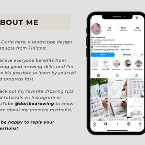 May include: A smartphone displaying an Instagram profile for Daria Bogdenova, a landscape design graduate. The screen shows a profile picture, follower count, bio text, and a grid of drawing tutorials. To the left, text reads ABOUT ME.