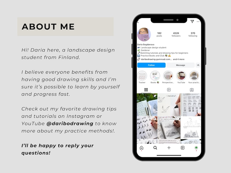 Op de afbeelding: Een smartphone met het Instagram-profiel van Daria Bogdanova, een student landschapsontwerp. Het scherm toont een profielfoto, volgersaantal, biografie en een raster met tekentutorials. Links staat de tekst ABOUT ME.